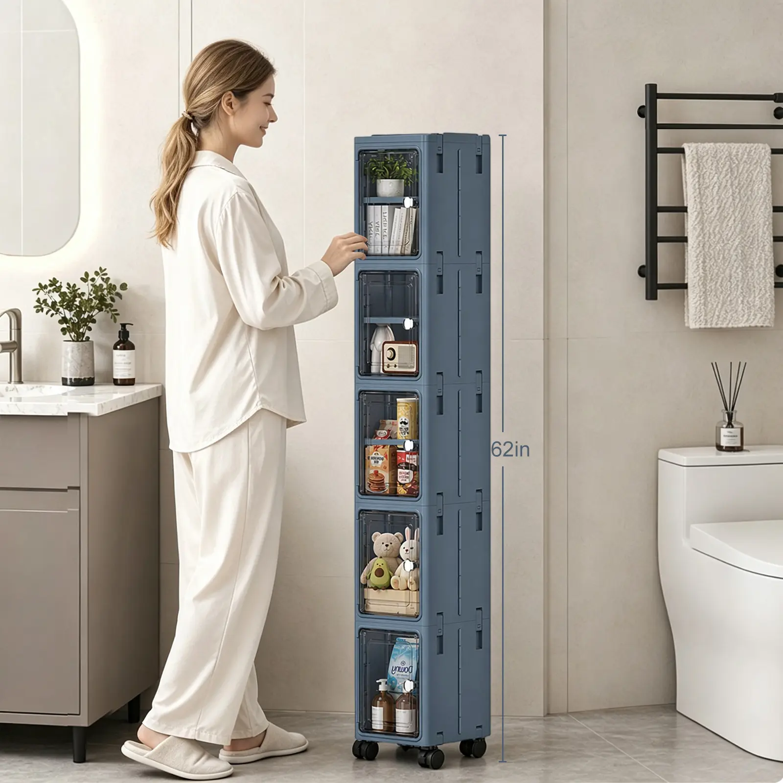 Contemporary 5-Tier Tall Narrow Rolling Slim Floor Cabinet with Rolling Base, Adjustable Shelves - Freestanding Cupboard for Camp Kitchens, Bathrooms, Laundry Areas, Compact Modern Apartment Interior Storage Furniture, Modern Design