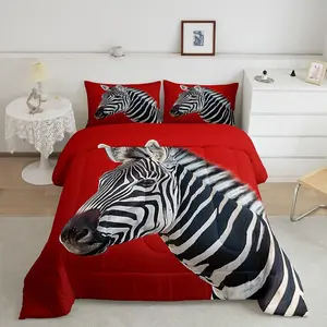 Lovely Zebra Comforter Set,Africa Wild Animal Red Down Alternative Comforter Adults Bedroom Decor,Black and White Stripes Ultra Soft Microfiber Inner Fill Bedding