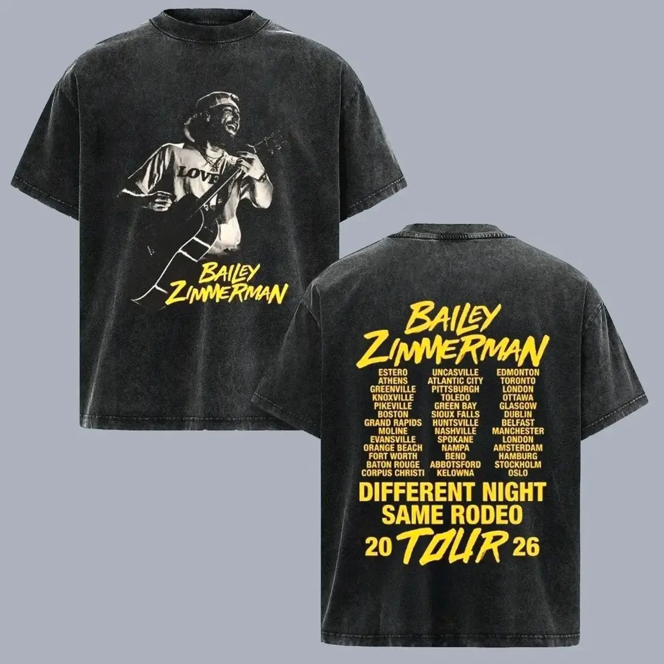 Bailey Zimmerman Different Night Same Rodeo Tour 2026 Vintage Washed T Shirt, Double Sided Country Music Graphic Tee, Retro Western Cowboy Concert Shirt, Oversized Heavyweight Unisex Fan Merch Gift for Country Music Lovers MRO RB7