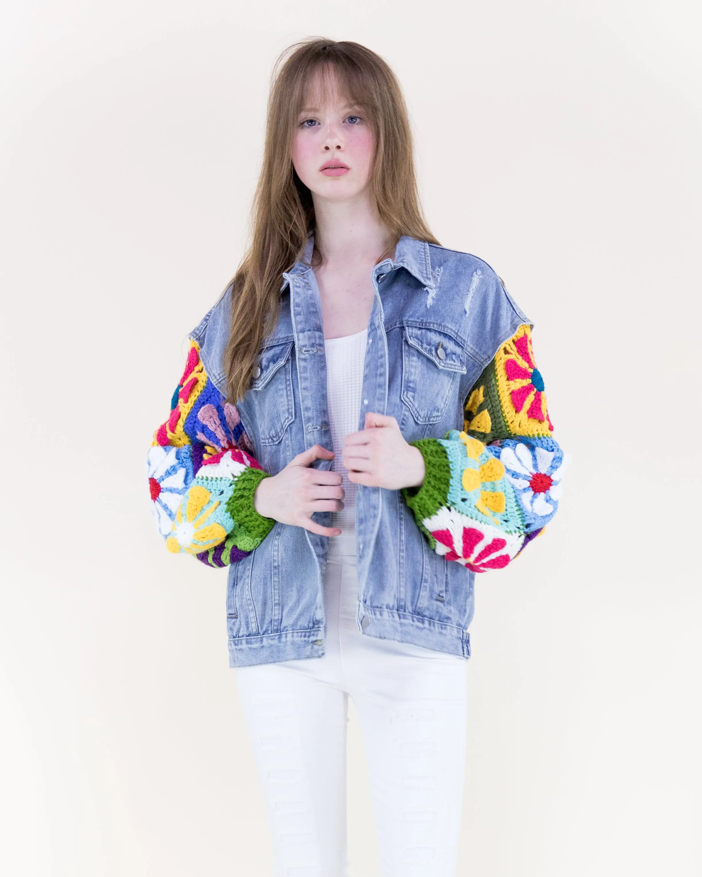 Groovy Handmade Daisy Sleeves Denim Jacket