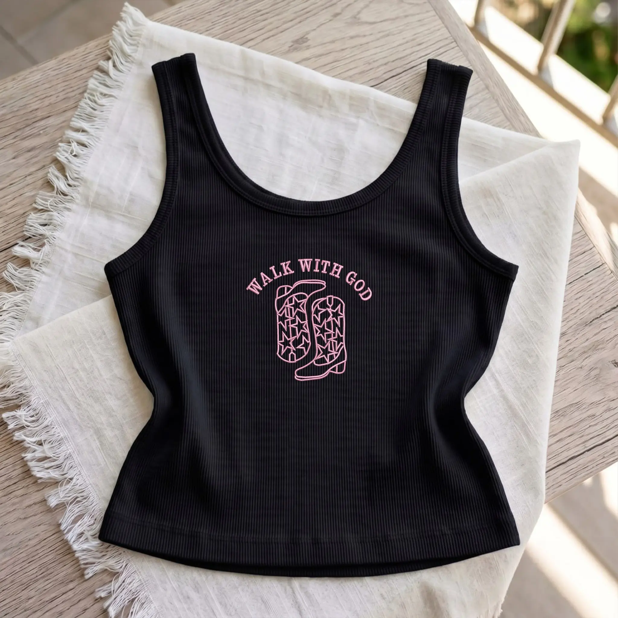 [Made From US] Walk With God Western Boot Graphic Tank Top, Aesthetic Country Christian Apparel Streetwear Tee