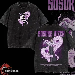 Aizen Sōsuke Bleach Printed Round Neck Seamless Short-Sleeve Retro Vintage Unisex Oversize Acid Washed Lightweight Cotton T-Shirt, Anime Manga Apparel, Gift for Anime Fans G7Z