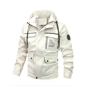 Men's Letter Print Pocket Zip Up Hooded Jacket, Casual Windproof Waterproof Lightweight Outerwear for Spring & Fall, Fashion Outdoor Jacket for Men