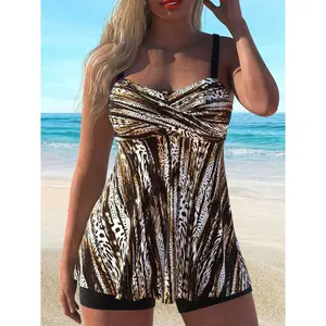 Women's Leopard Print Swimsuit Dress Two Piece Plaid Set Maroon Striped High Elasticity Vacation Wear