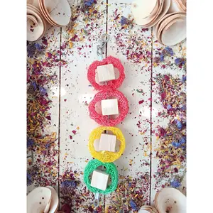 Hanging Cage Loofah and Wood Cubes Treat and Toy for Rabbit, Chinchilla, Hamster, Guinea Pig and Small Animals.