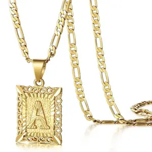 Plated Square Letter Pendant Charm Necklace with Cuban Chain for Men Women Ideal Party Gift Jewelry Featuring Capital Alphabets from A-Z