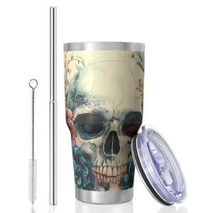 Skull 30 Oz Lce King Cup, Stainless Steel Top Bottom KeepsHot Cold Odor Free Slide Open Lid Flip Lid Suitable ForHome Office Outdoors Sports, Can Be Consumed DirectlyOr Used with a Straw, Skull Design I Stainless Steel Mug ,F_00034