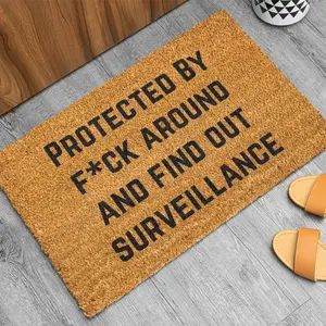 Funny Protected By F*ck Around and Find Out Surveillance Doormat, Diatom Mud Super Absorbent Quick Dry Non-Slip Floor Mat, Humorous Novelty Welcome Rug for Indoor Front Door Entryway Bathroom