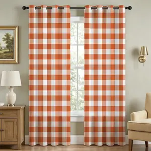 Orange and White Checkered Print Pattern Room Darkening Curtains, 2 Panels, Machine‑Washable Window Curtains for Bedroom Living Room