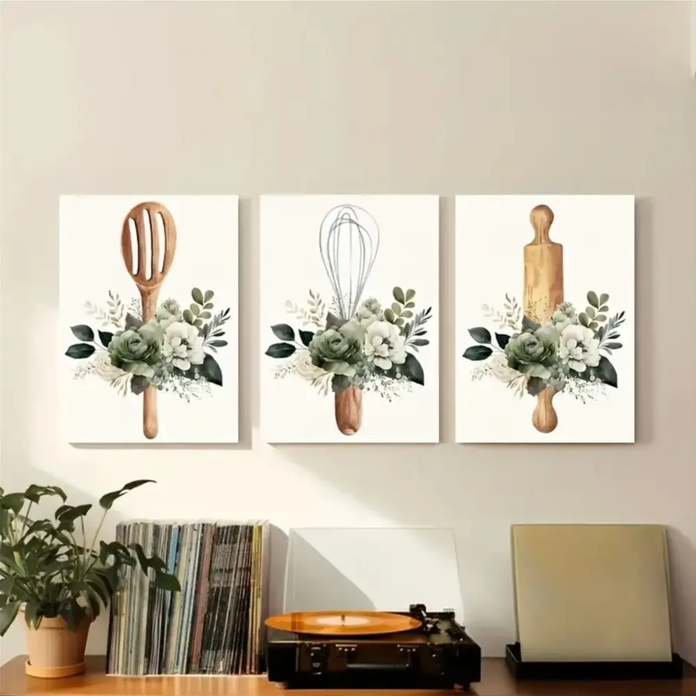 3pcs Wooden Frame Kitchen Utensils Floral Canvas Art, Cafe Restaurant Decoration, Cozy Baking Theme Wall Hanging, Practical Mdf Decor, Modern Home Decor, Wall Art Print, Flower Wall Art, Aesthetic Wall Decor