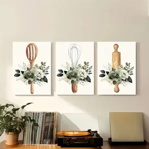 3pcs Wooden Frame Kitchen Utensils Floral Canvas Art, Cafe Restaurant Decoration, Cozy Baking Theme Wall Hanging, Practical Mdf Decor, Modern Home Decor