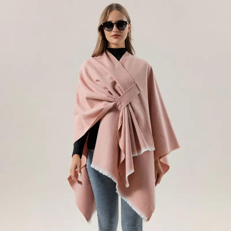 Women's Monochrome Plus Bar-Dark Gray Solid Faux Cashmere Shawl Cape - Striped Trim, Split Hem, Winter Warm Wrap Scarf