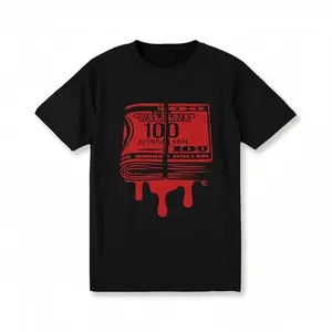 Men'S 100% Cotton Graphic T-Shirt - Bold Dollar Bill & Blood Design, Black With Red Print, Casual Fit, Short Sleeve, Round Neck, Machine Washable, Adult Clothing |   Bold Graphic Tee |