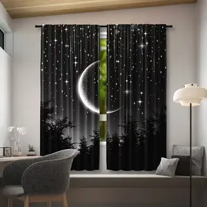 2pcs Serene Moon Night Print Curtains, HD Digital Printing, Rod Pocket Installation, 100% Polyester, UV Protection, All-Season Decorative Curtains
