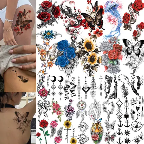34 Sheets 3D Temporary Tattoos, Butterfly Rose Flower Watercolor Floral Fake Tattoos for Women Adults, Arm Sleeve, Thigh, Finger, Neck Tattoos