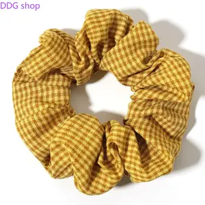 Korean-Style Two-Tone Small Plaid Hair Tie — Faux Cotton-Linen Fabric Headband, Plaid Headwear, Elastic Hair Accessory