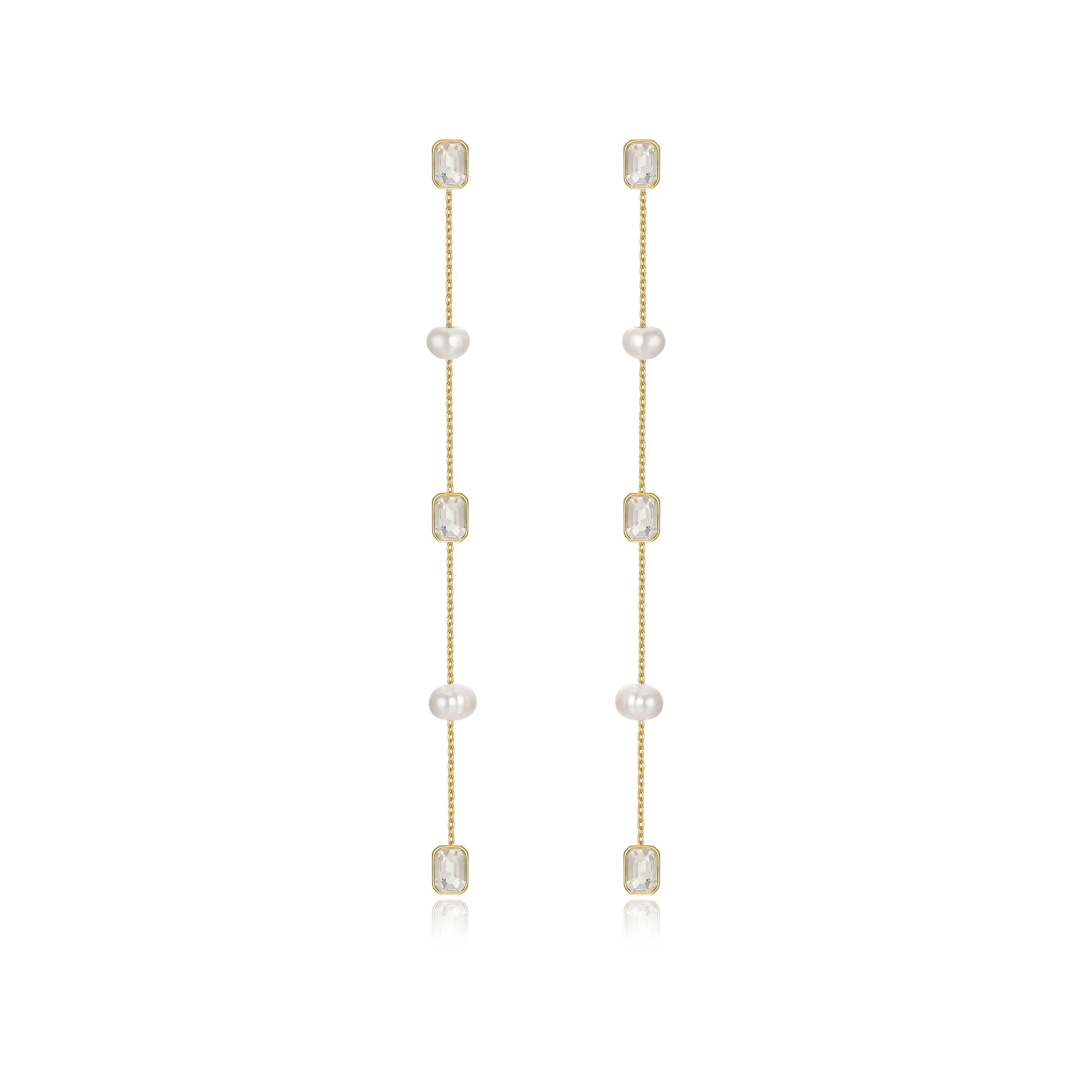 Pearl and Crystal Linear Earrings – 18K Gold Plated Long Drop Earrings with Freshwater Pearls & Crystal Sparkle, Elegant Statement Jewelry for Women
