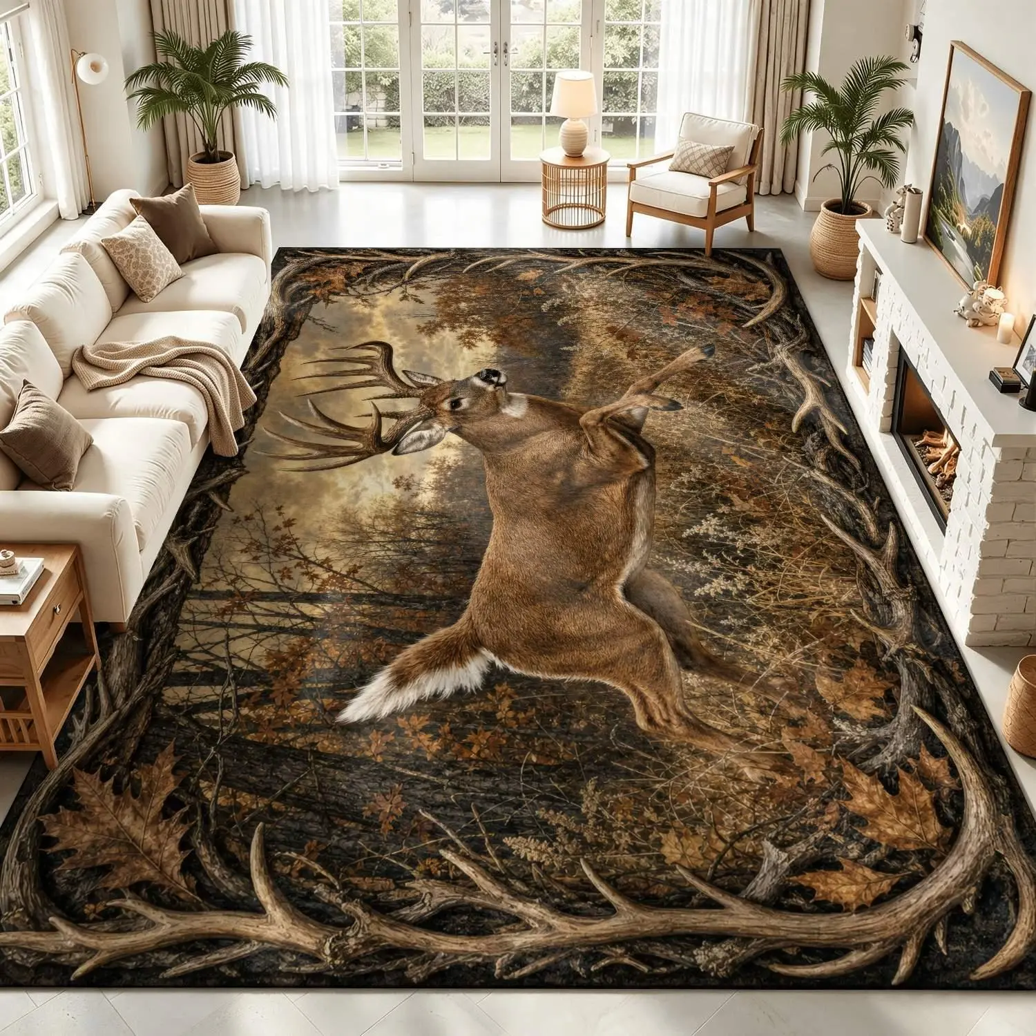 Large indoor area rug, soft velvet low pile with non-slip dotted backing, machine washable, rustic whitetail deer antler autumn forest design, ideal for living room, bedroom, hunting lodge cabin decor