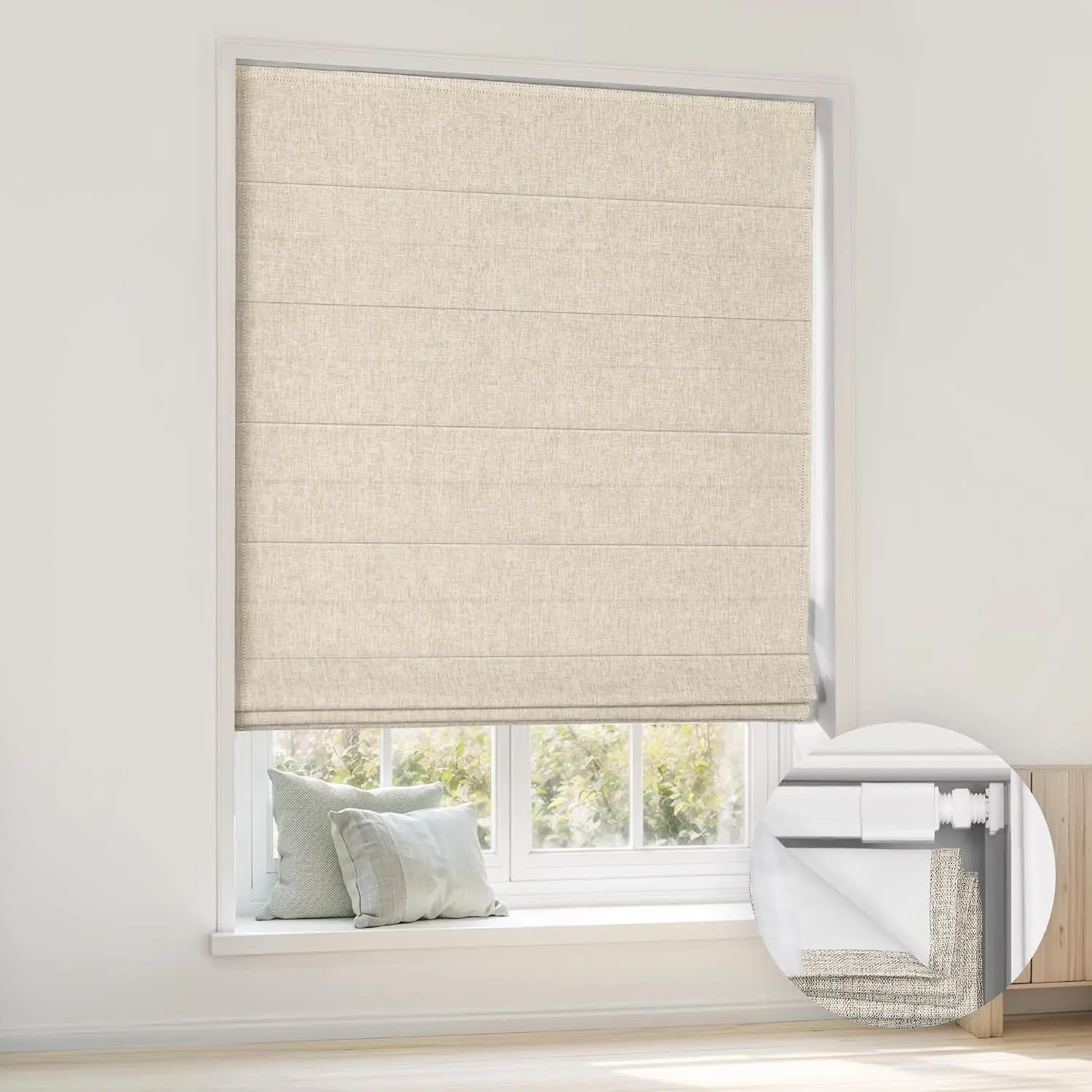 Cordless Roman Shades, 29'' W x 64'' H, Beige