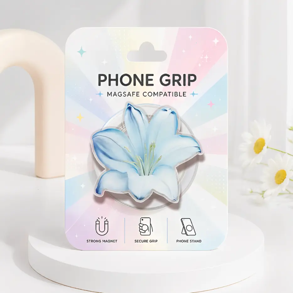 Pastel Blue Lily MagSafe Phone Grip, Cute Floral Acrylic Kindle Grip, Aesthetic Blue Flower Phone Holder, Kawaii Lily Phone Accessory, Cute Gift for Her