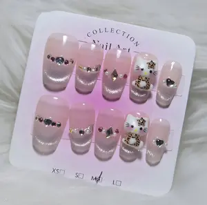 Pink Ombre Silver Glitter Hello Kitty Crystal Nails