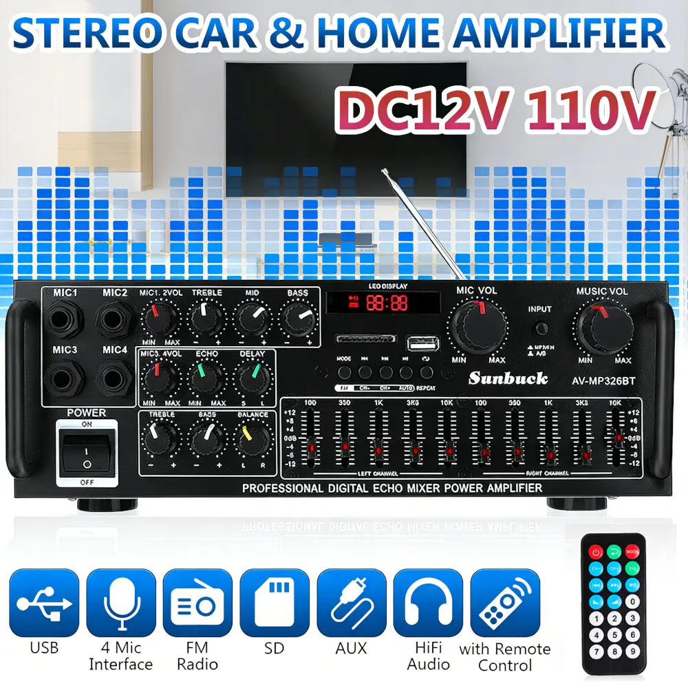Compact HiFi Stereo Power Amplifier Mixer with Bluetooth 5.0, Remote Control, 4 Mic Inputs, 2.0 Channel, FM, USB, SD, AUX, Echo for Home Theater, Car Audio, Karaoke