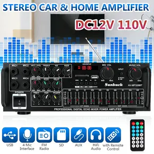 HiFi Stereo Power Amplifier Audio with Bluetooth 5.0, Remote Control, 4 Mic Input, 2.0 Channel FM USB SD AUX Echo for Home Theater, Car Audio, Karaoke, Party, Outdoor Camping