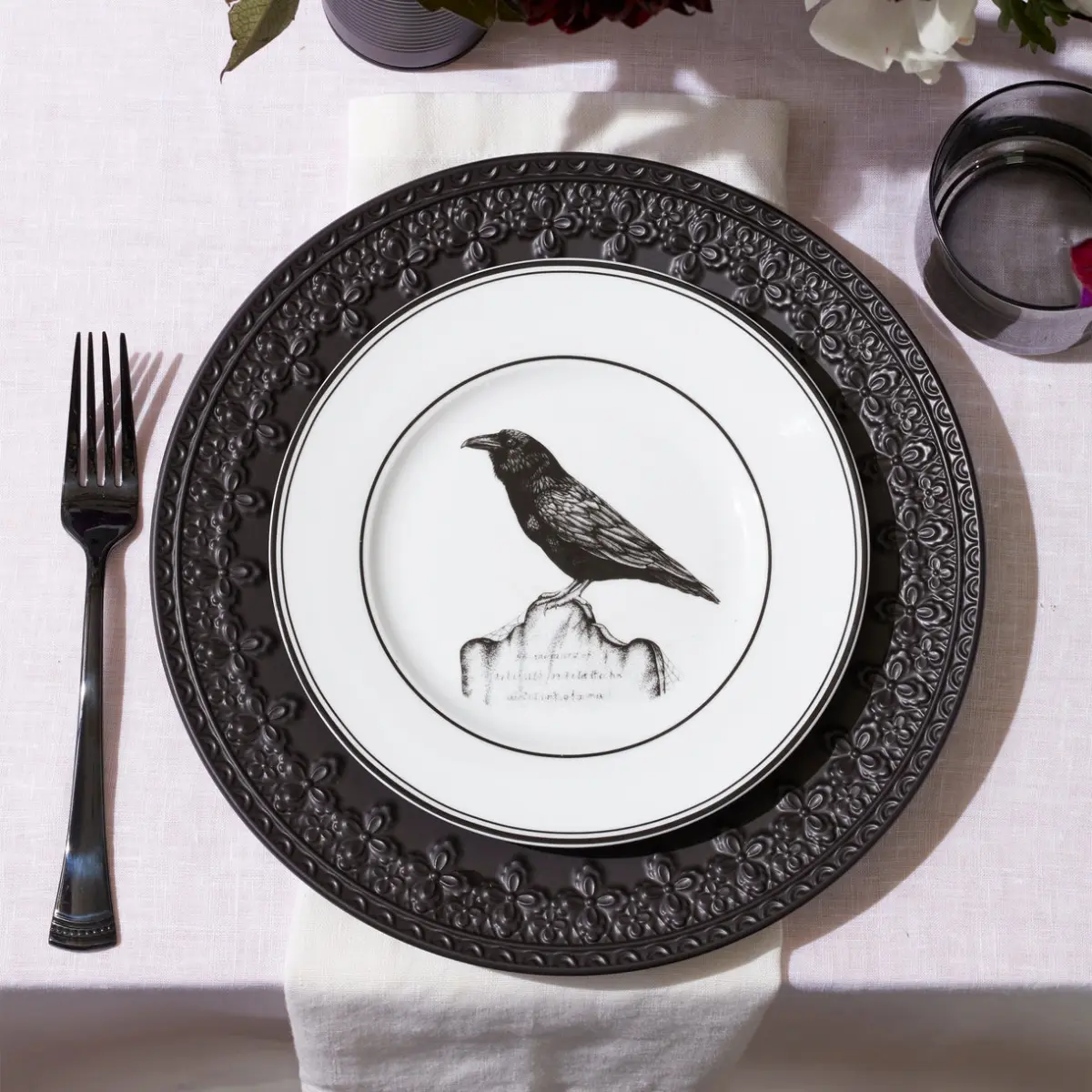 Lenox 891431 Vintage Halloween Dessert Plates - Set of 4, 4 Plates for Kitchen Tableware Use, Four Plates, Crow Motif
