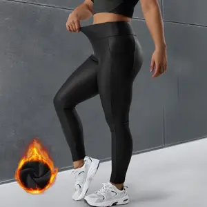 Autumn Winter PU Leather Pants Women Plus Size High Waist Fleece Lined Leggings with Pockets for Casual Yoga Sports Tight Fit