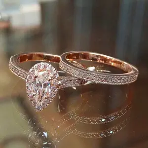 Fashionable teardrop-shaped alloy ring with Cubic Zirconia stone, set of 2, suitable for daily wear or engagement ring for women, latest model in 2025