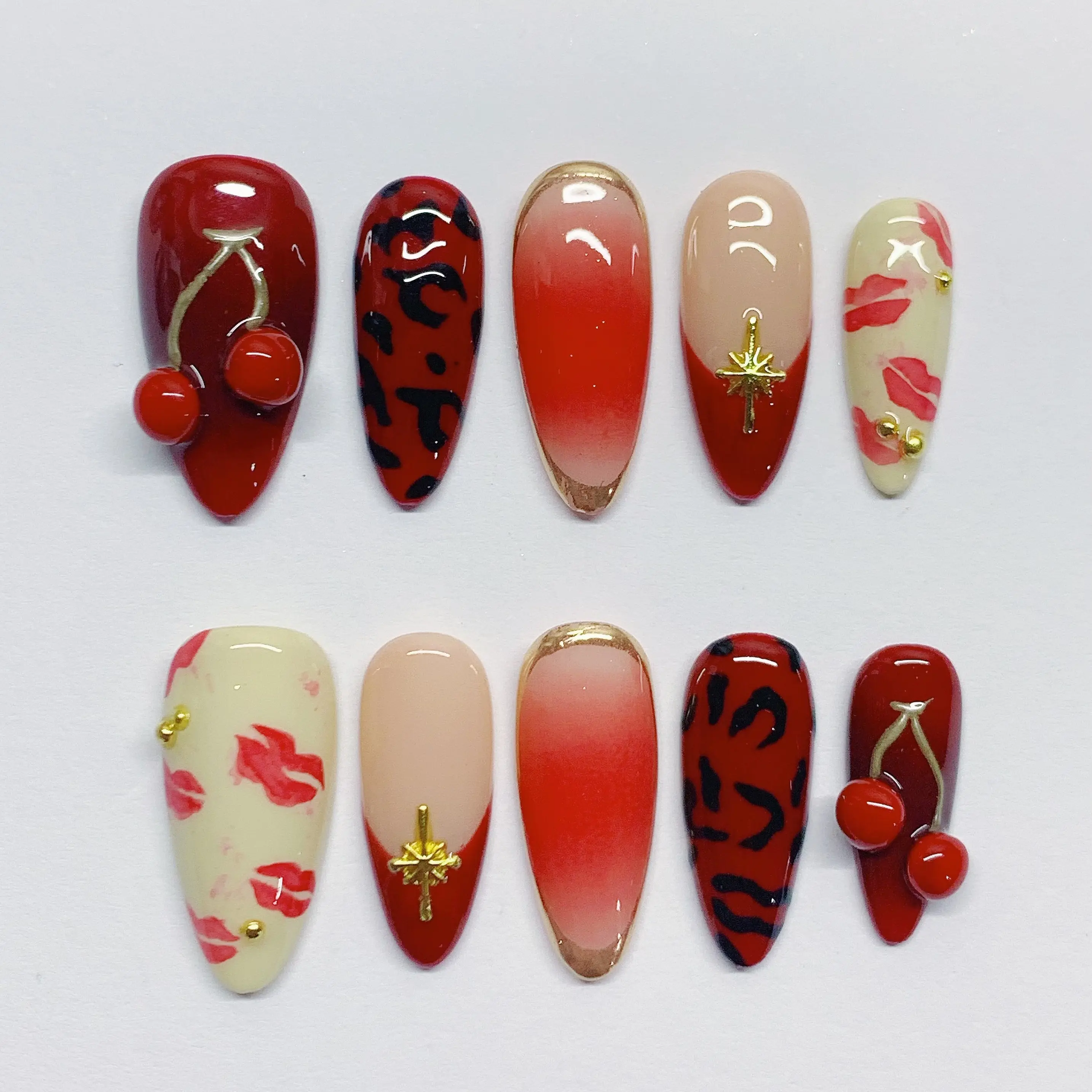 [WildKiss] Medium Almond Handmade Press on Nails, Fake Nails with Nail tool kit with Jelly Stickers, Reusable, Durable