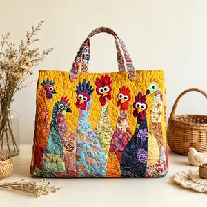 Cute Animal Print Quilted Tote, Large Capacity Rooster Pattern Shoulder Bag for Farm & Casual Wear