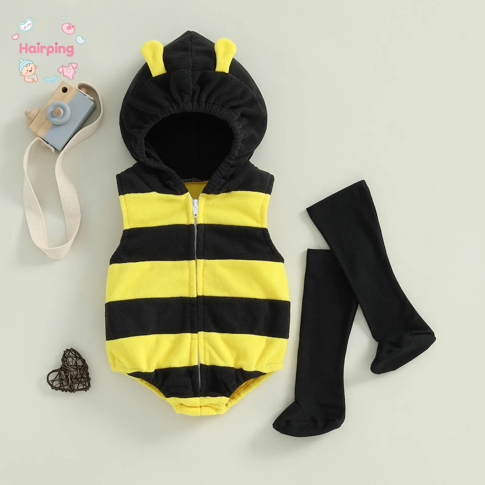 Baby Bee Animal Costume Set for Infant - Black & Yellow Striped Hooded Romper with Antenna, Leg Warmers 2-Piece Baby Clothes Girl Halloween/Photo Shoot Outfit