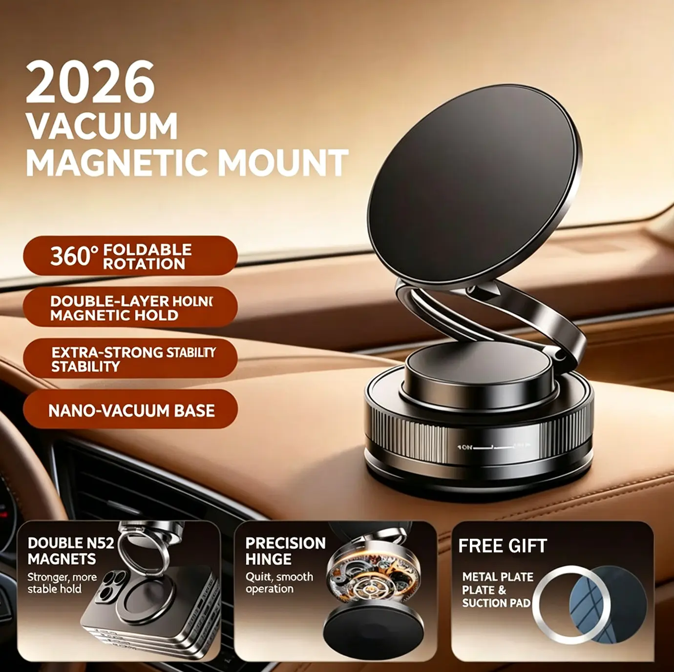 Vacuum Magnetic Car Phone Mount, 360° Foldable N54 Double Layer Magnet Suction Cup Phone Holder, Multi-Surface Hands-Free Cell Phone Stand for Dashboard, Shower, Kitchen, Desk