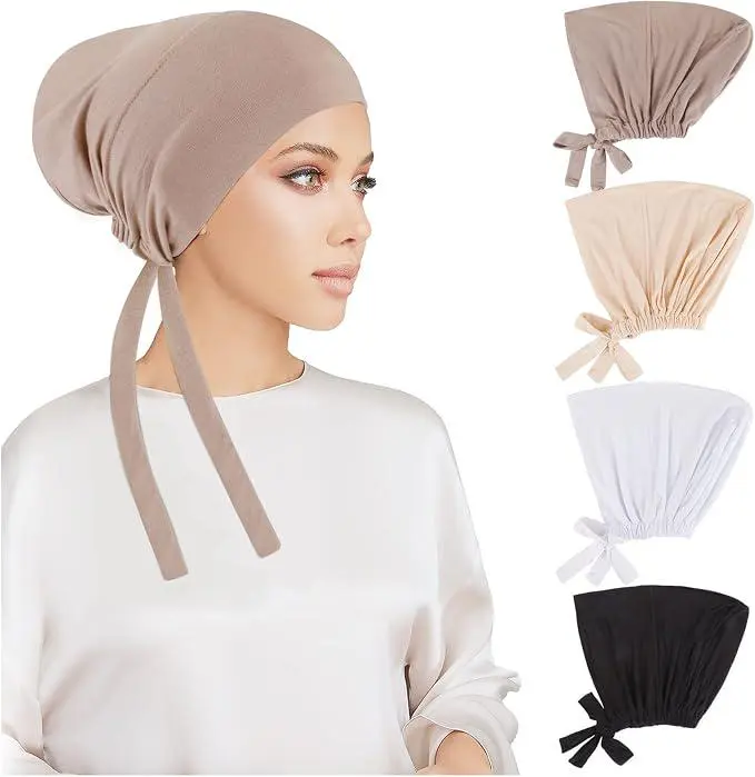 4Pcs Women Modal Hijab Undercap Set, Islamic Muslim Inner Under Scarf Turban Hat with Tie Back Closure, Soft Breathable Stretchy Underscarf Cap for Daily Wear, Work & Travel