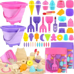 P-TBT089   Collapsible Beach Toys Set for Kids 3-10, Collapsible Sand Bucket with Beach Molds and Mesh Bag, 2 Pack Shovels Set Ice Cream Sand Toys for Beach, Sandbox Travel Toys for Kids Toddlers Girls