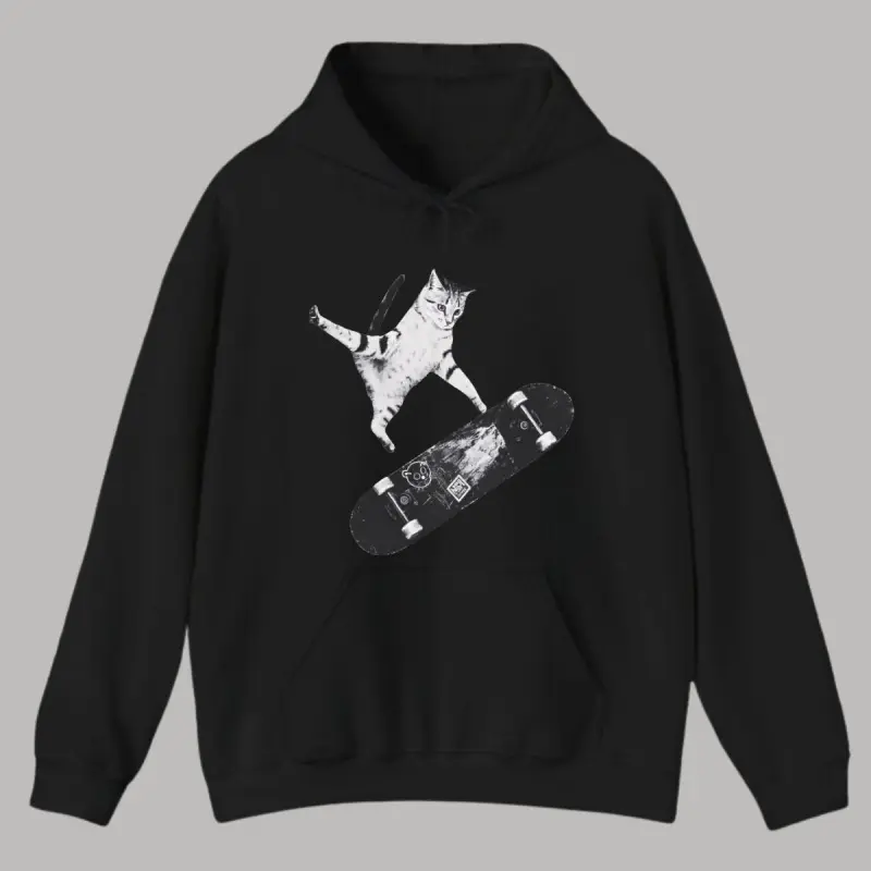 ✨👕[Graphic Hoodie]Vintage Skate Cat Jump Hoodie – Retro Black & White Graphic Pullover for Men & Women, 90s Streetwear Skateboard Hoodie, Cozy Unisex Pullover, Classic Old School Skate Aesthetic, Perfect Gift for Cat Lovers & Skaters
