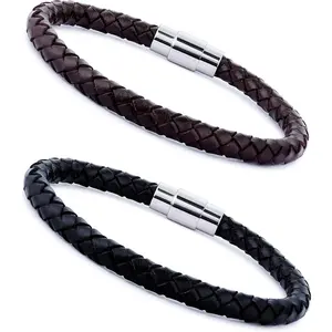 Stainless Steel Woven Leather Bracelet Men's Women's Wrist Cuff Bracelets, 7.5-8.5 Inches per day