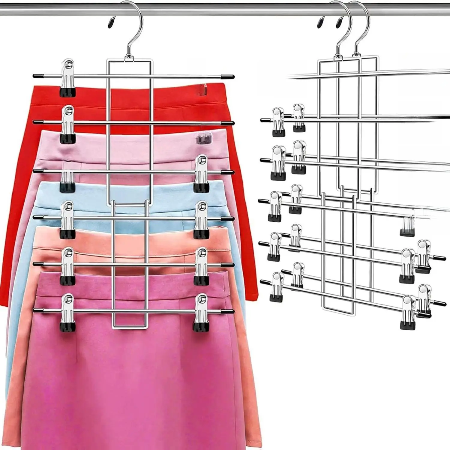 Pants Hangers with Clips Space Saving Hanging Closet Organizer 6 Tiers Skirt Hangers with 360° Swivel Hook Closet Organizer Clothes Hangers College Dorm Essentials Apartment Essentials 2 Pack Non-Slip