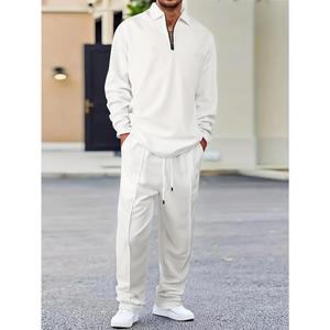 Men's solid color checkered casual suit, including long sleeved collar shirt and drawstring pants, comfortable and fashionable for daily wear in spring and autumn
