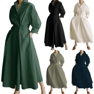 WomenElegantLongMaxiShirtDressLongSleeveButtonSmockedWaistLongDressSwingPartyDresswithPocketsPlusSizeFormalWomenswear