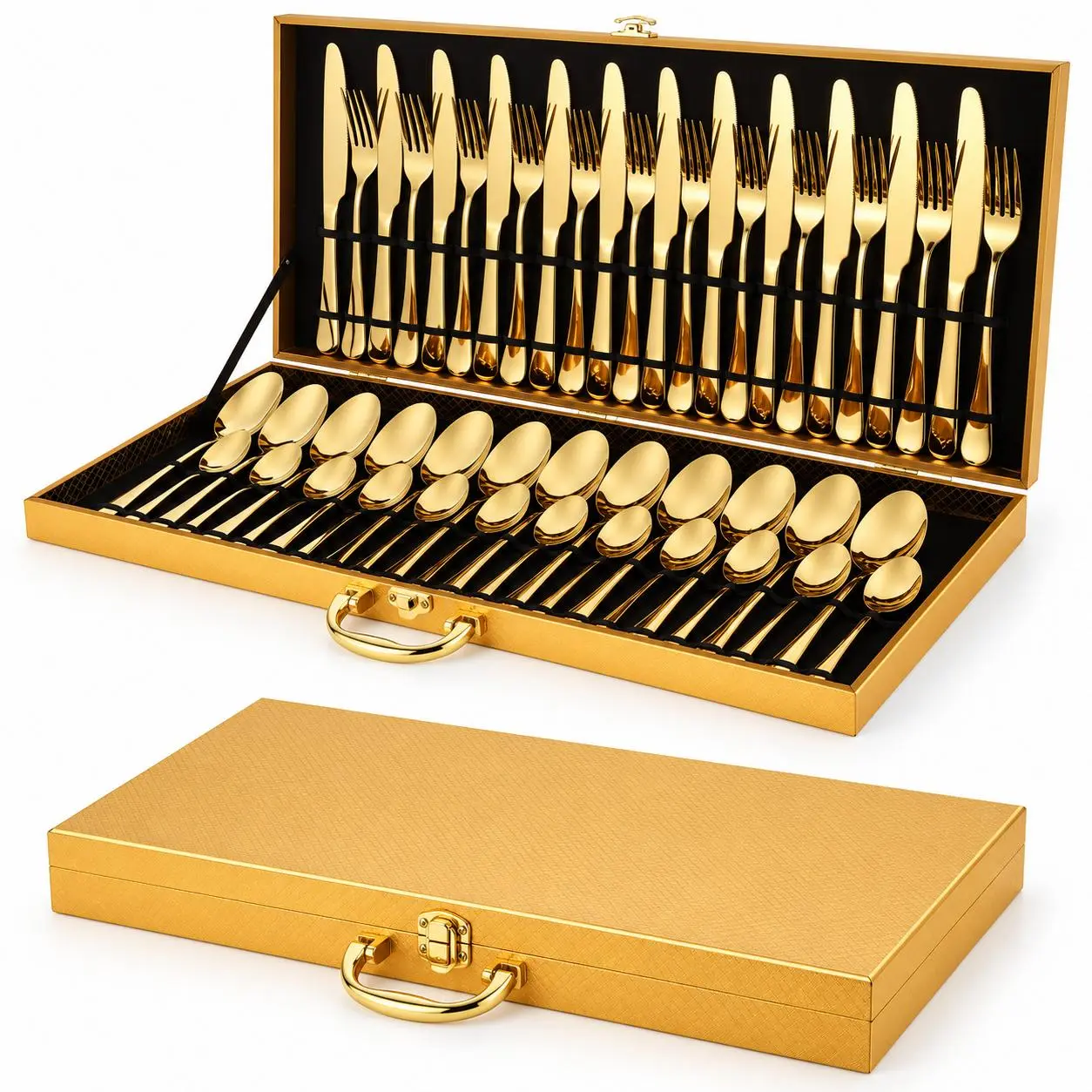 Gold Flatware Set with Gift Box, 24/30/48-Piece Stainless Steel Silverware Set, Mirror Polished Forks Spoons Knives Cutlery Set, Service for 6 or 12, Elegant Tableware for Home, Wedding & Party