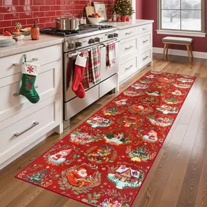 Christmas Kitchen Runner Rug, Non-Slip Washable Carpet, Household Decorative Rug, Floral Santa Tree Design, Ideal for Hallway, Living Room, Bedroom