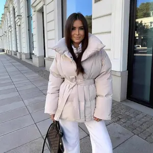 Women's Mid-Length Puffer Coat With Large Lapel Belted Waist Warm Winter Jacket Loose Padded Outerwear