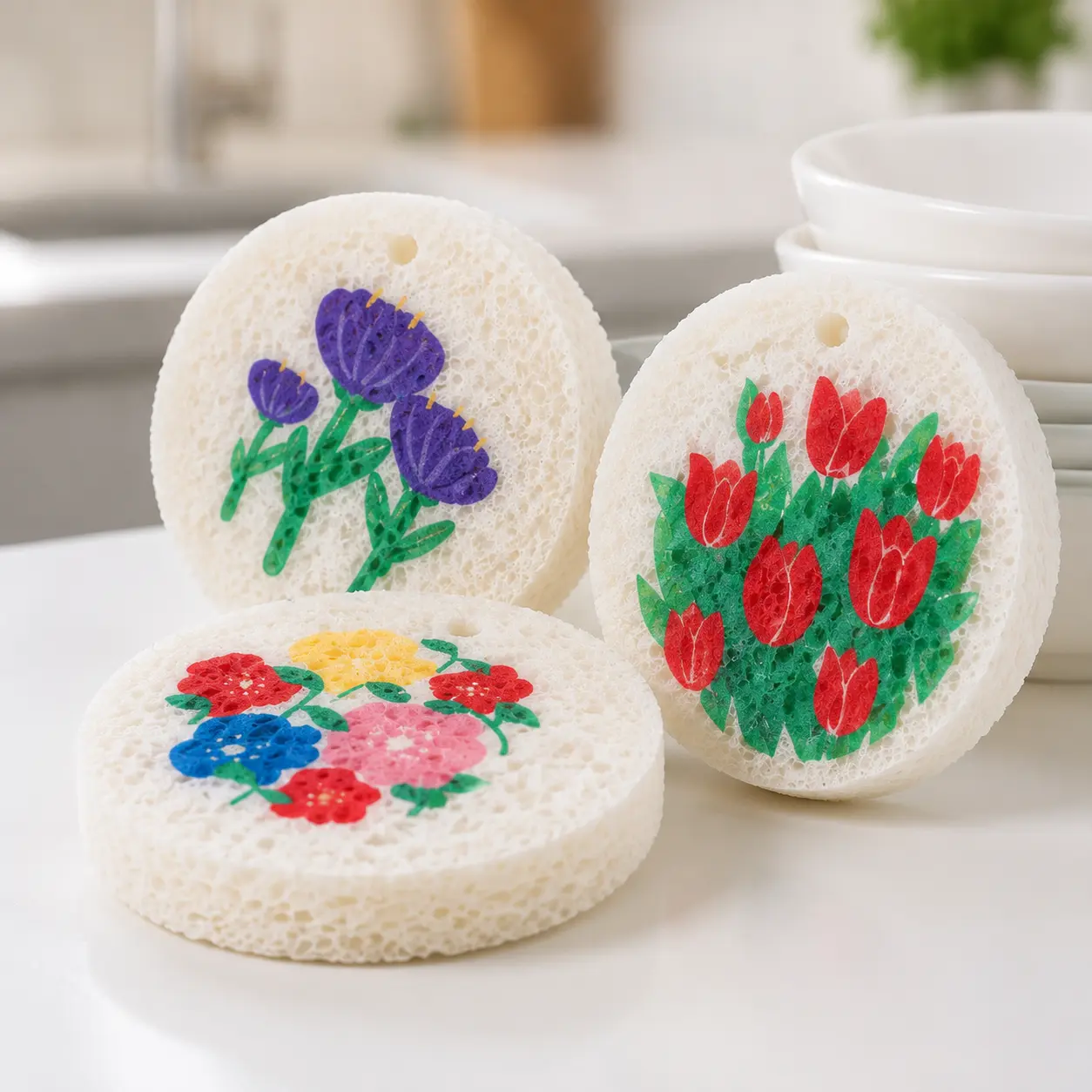 6-Piece Wood-Based Eco-Friendly Cellulose Scrubber Pads - Scratch Free, Thickened Soft, High-Absorbency Expandable Foam Floral, 2026 Cute Home Care Cleaning Tools for Kitchen & Bathroom, Scratch Free Sponges, Scrubber Pad