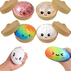 Upgrade Glitter Dumpling Squishy with Steamer Box, Soft Sensory Squeeze Toy for Stress Relief, Mystery Glitter Dumplings, Decompression Dough