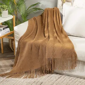 Knitted Brown Throw Blanket for Couch,Boho Bed Decor Knit Outdoor Blankets Throw Size with Tassels Cozy Woven for Sofa Home Chair Wave  50" x 60" Inches