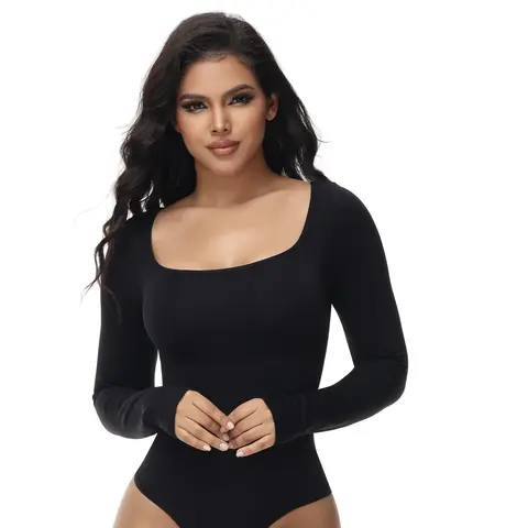 Sooslick Square Neck Long Sleeve Bodysuit Seamless 360° Waist Control Thong Bodysuit Tops shape wear Womenswear Underwear Comfort Minimalist, Body Shaping Underwear, Basic, Casual, Shapewear, Clothes