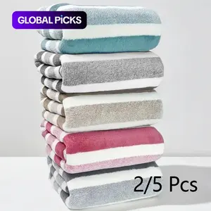 Striped Pattern Bath Towel Sets, Premium Towel Set, 2/5 Counts/set Soft Absorbent Microfiber Blanket Towel, Quick Drying Towel for Bathroom, Hotel, Salon, Spa, Gym, Home Goods
