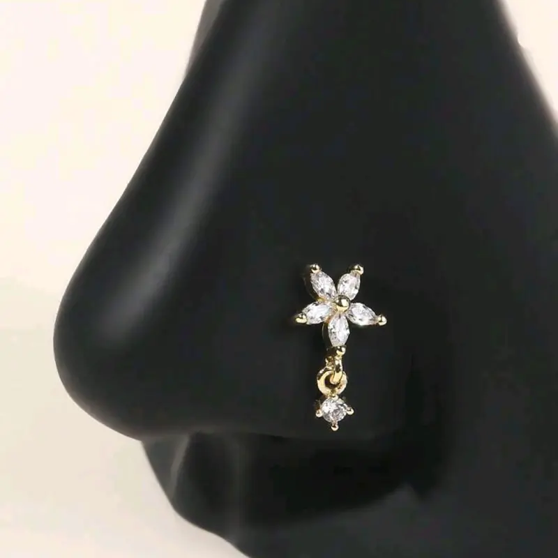 L-Shaped Nose Stud with Synthetic Zircon Flower Design, Hypoallergenic Copper Nose Ring, Cute Playful Touch Daily Wear Jewelry Accessories for All Seasons, Dangle nose ring, Nose Rings Studs, Body Jewellery